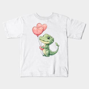 Valentine Crocodile Holding Heart Shaped Balloons Kids T-Shirt